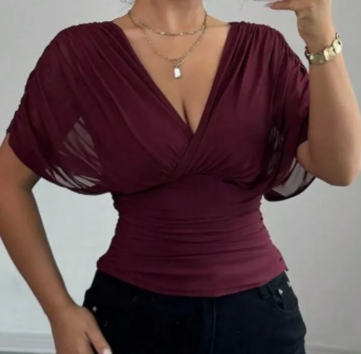 V-Neck Net and Ruched Top