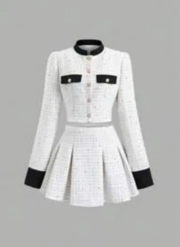 Skirt and Blazer, 2pcs Suit Set, Houndtooth White/Grey