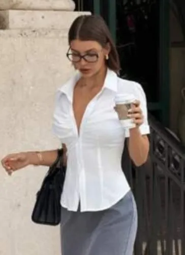 White Short Sleeve Office Shirt, High Collar Low, Low Buttons