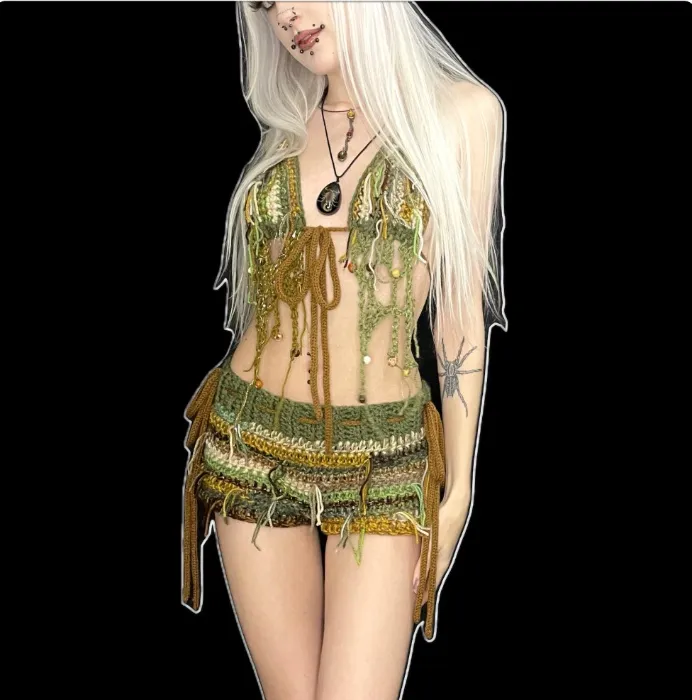 Low waist micro mini shorts + bikini top - adjustable tie bow distressed rave forest fairy core whimsy