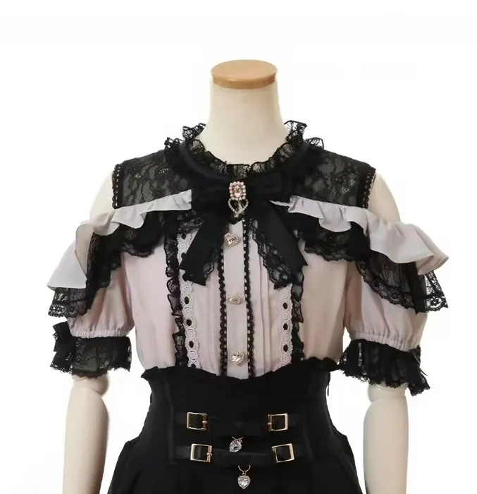 Pink and black ribbon blouse