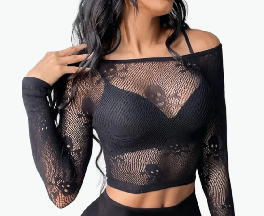 Buitifo Women Fishnet Skull Crop Top  