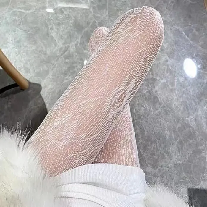 Collant Bianche Donna,Collant da Donna,Calze di Pizzo Floreale Tights Bianco,Per Calze A Rete,Per Gonna In Pizzo Bianco,Uniformi,Tacchi Alti(L)
