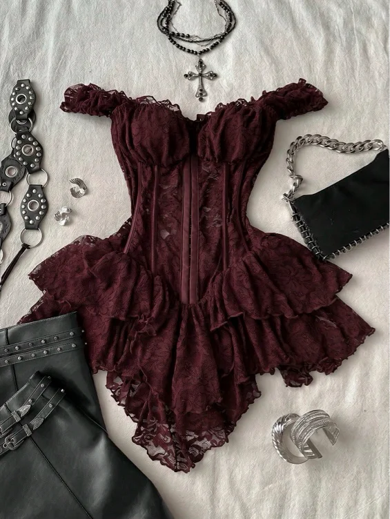 Attitoon Women's Casual Retro Corset Lace Bodycon Asymmetrical Hem Mini Dress, Suitable For Y2K,Summer Dresses For Women - Size L