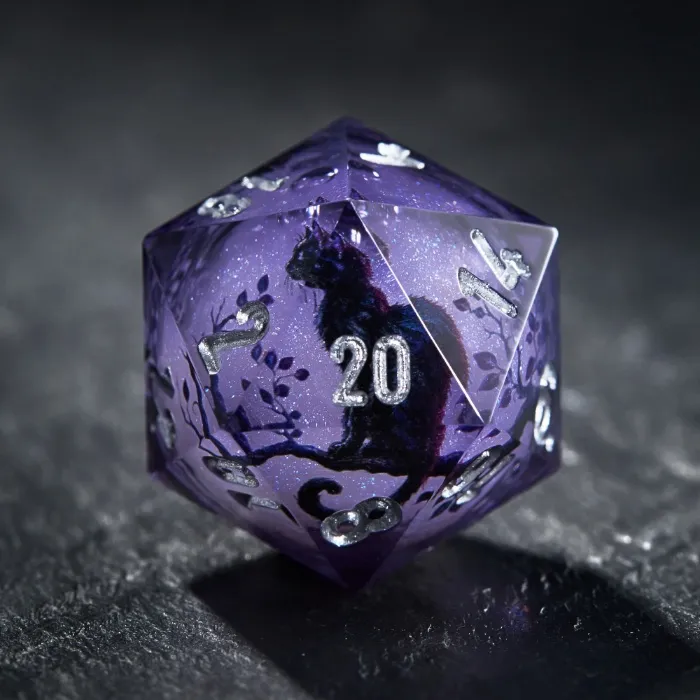 Moonlit Cat Shadow Purple Liquid Core Dice | Full Set with Rectangular Box