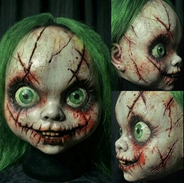 Creepy Doll Mask with Green Hair