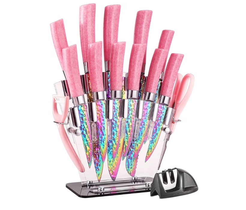 Rainbow Titanium Knife Set, Non Stick Thick and Sharp Stainless Steel 15 Pcs Cutlery Kitchen Knives Set with Acrylic Block, Chef Quality for Home & Pro Use, Best Gift, Pink Color: Kitchen Knife Sets: Amazon.com.au