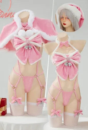 Pink Furry Sexy Lingerie Set Christmas Gift Bowknot Bandage Bodysuit with Cape and Hat