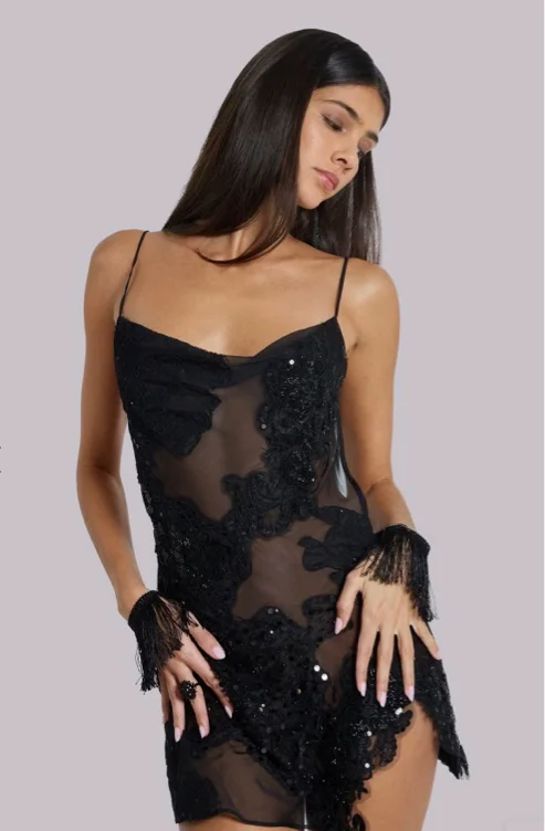 Shadea Applique Lace Mini Dress in Black