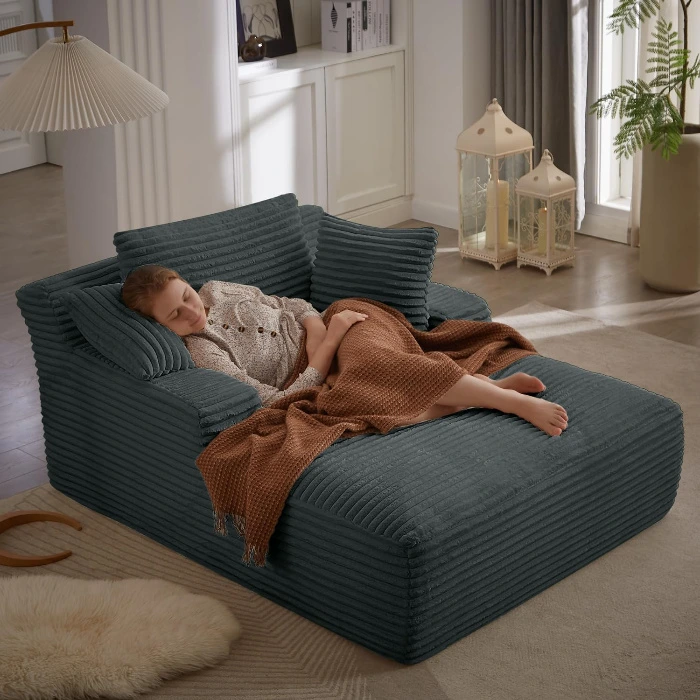 50 Inch Chaise Lounge Chair Indoor, Oversized Corduroy Upholstered Boneless Sofa Bed, Deep Seat Sleeper Couch Reading Chairs, Cloud Sofas Couches for Living Room, No Assembly Required (Dark Grey) 