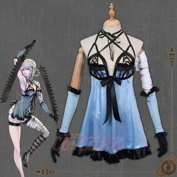 Nier Replicant No.1 Kaine Sexy Bow-Strapped Lingerie Sleepwear Suspender Light Blue Dress Full Set Cosplay Costume with Leggings