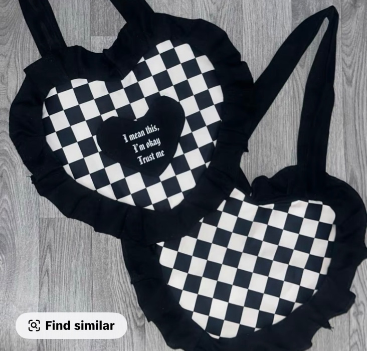 I'm Not Okay Lyric Heart Ruffle Tote Bag - Black & White Checkerboard Design with Inspirational Message