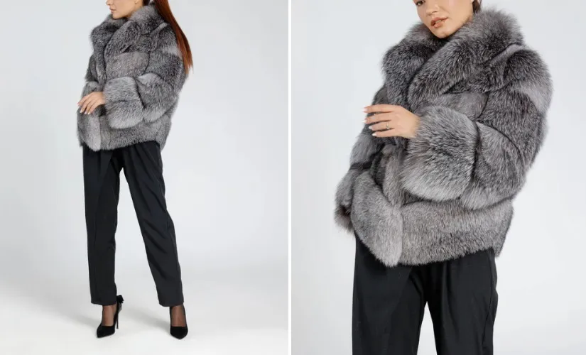 Women's Natural Silver Fox Fur Coat with Lapel Collar, Silver Grey 384