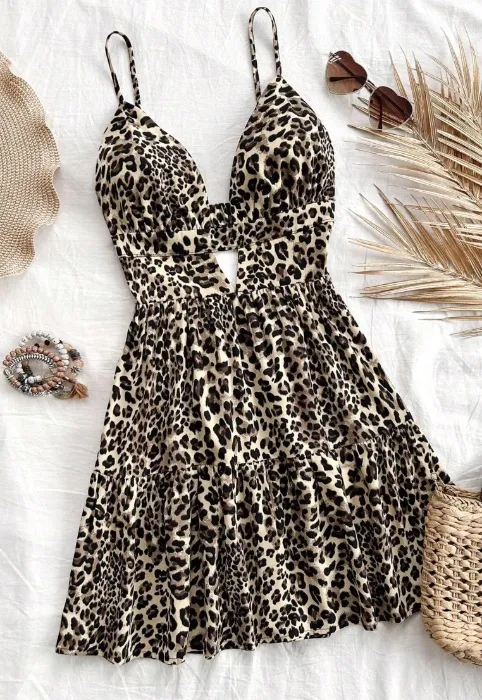  Leopard Print Plunge Neck Dress