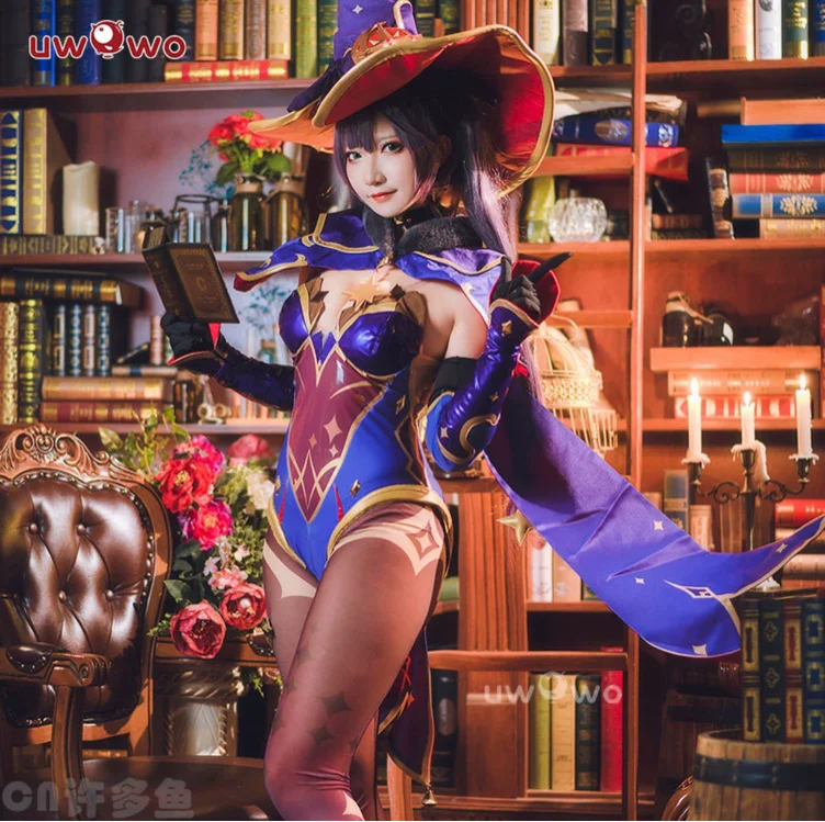 INSTOCK S-3XL Uwowo Game Genshin Impact Mona Megistus Astral Reflection Costume Cute Enigmatic Astrologer Bodysuit - Set B(Hat+Hat Acc)