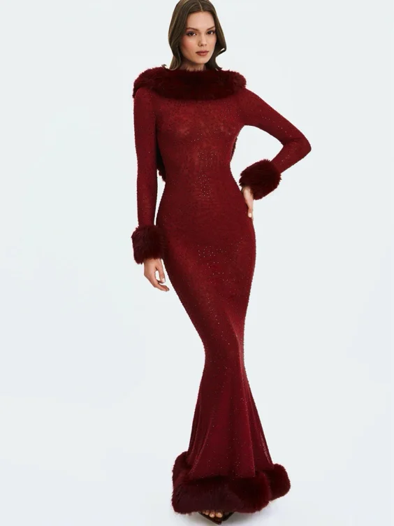 Melrose Burgundy Rhinestone Mesh Low Back Mermaid Dress