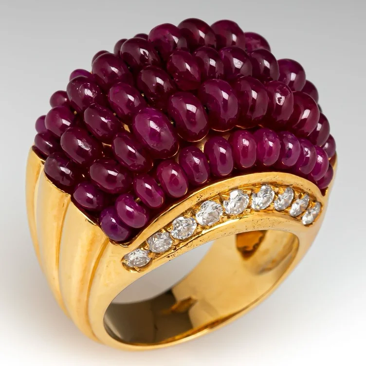 Ruby Beads Cocktail Ring w/ Diamond Accents 18K Yellow Gold