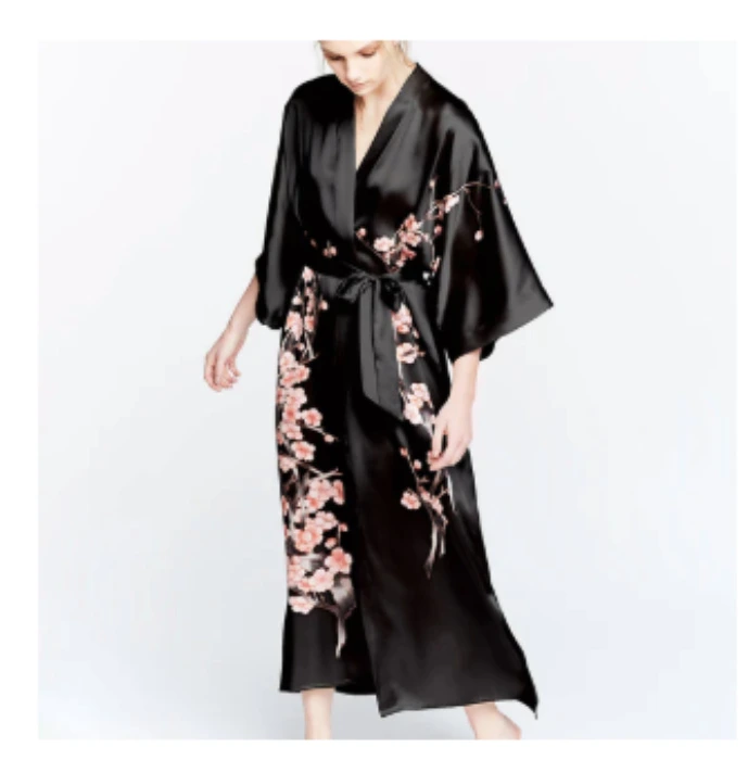 Silk Handpainted Cherry Blossom Long Kimono Robe | black blush / one size