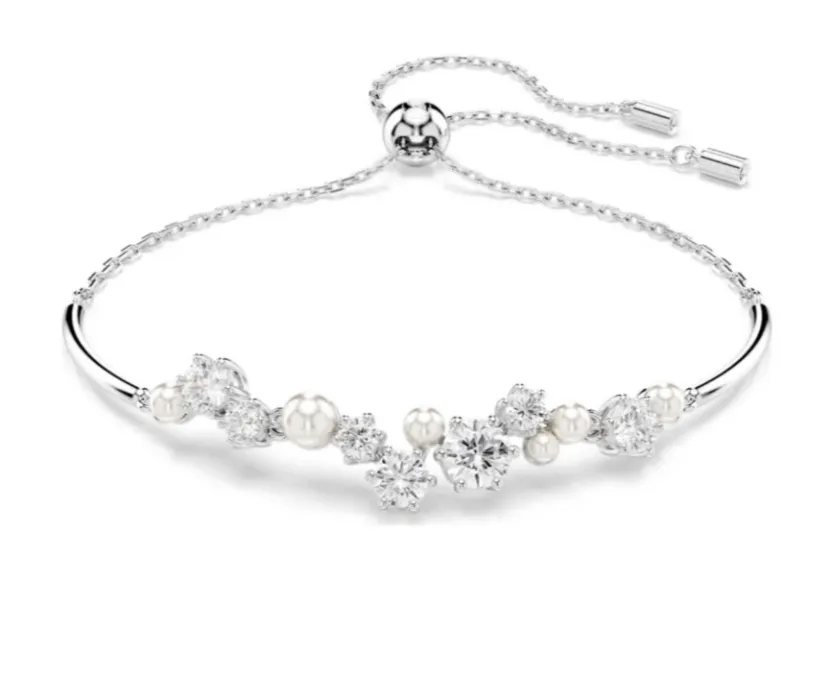 Constella bangle | Crystal pearl, Round cuts, White, Rhodium plated