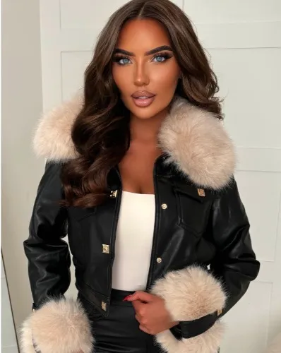 Leather & Luxe Black Faux Leather Fur Collar Cropped Jacket