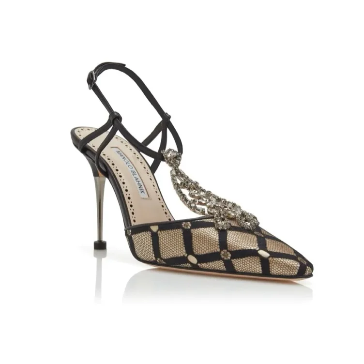 Manolo Blahnik | BOLERO ~ Light Beige and Black Mesh T-Bar Pumps
