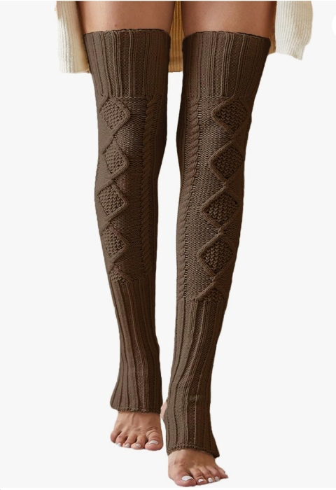 Women's Extra Long Stirrup Leg Warmers Winter Knitted Over Knee Thigh High Footless Socks - Coffee