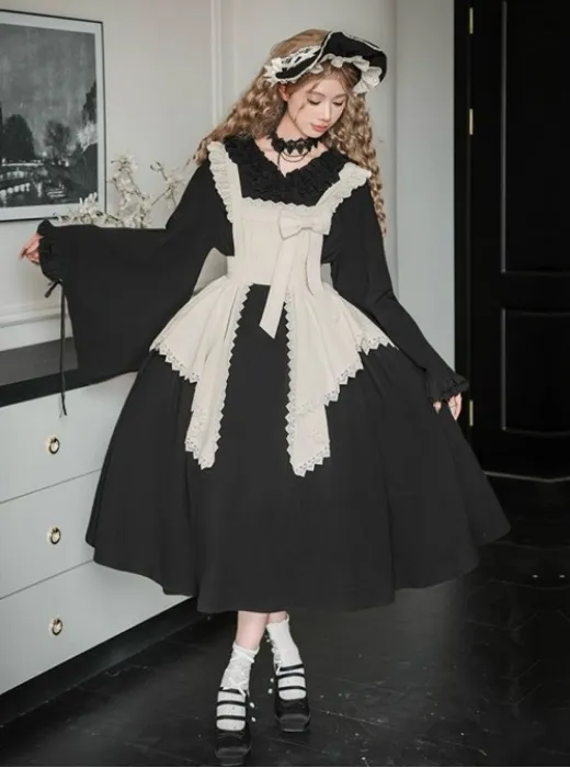 Sixteen Nights Series Elegant Classic Lolita Loose Fit Japanese Style Maid Apron Long Sleeve Dress Bonnet Set