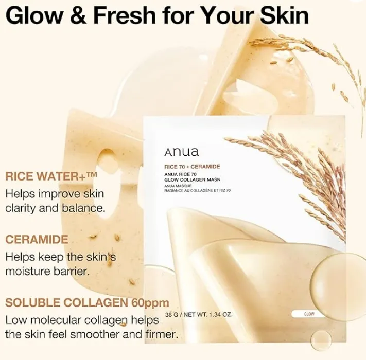 ANUA Rice 70 Glow Collagen Mask, Overnight Face Mask for Glass Skin, Ceramide, Collagen Facial Mask