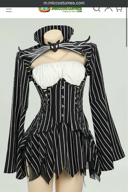 Jack Derivative Gothic Black White Stripe Costume Long SLeeve Top and Tube Top with Skirt and Gloves