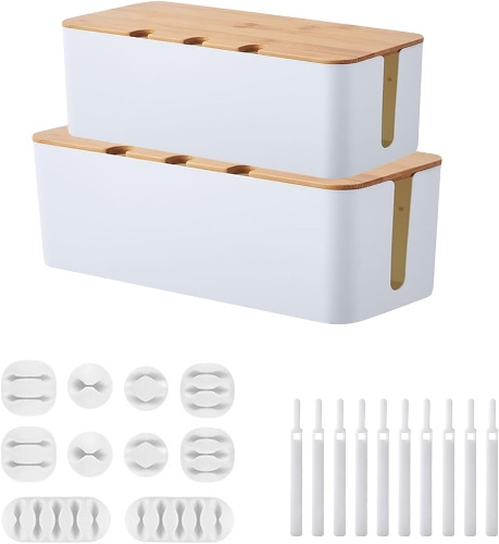 2PCS Cable Management Box with Bamboo Lid, Cord Organizer for Desk TV Computer USB Hub System to Cover and Hide & Power Strips & Cords with Self Adhesive Cable Clips Holder 10 Pcs (2pcs White) : Amazon.com.au: Computers