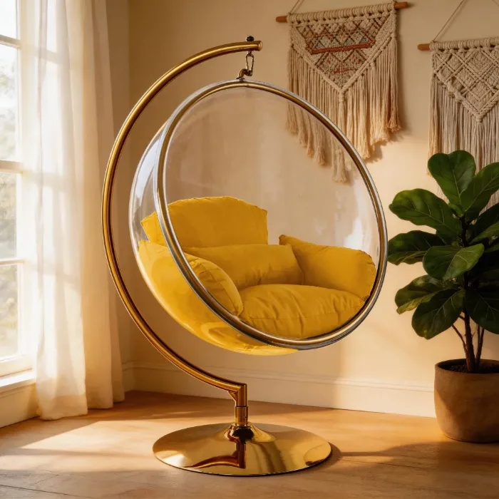 Meridian Furniture Luna Collection Modern | Contemporary Clear Acrylic Accent Swing Chair with Gold Metal Base and Durable Fabric Seat, 41.5" W x 29.5" D x 64" H, White - White, Gold Finish
