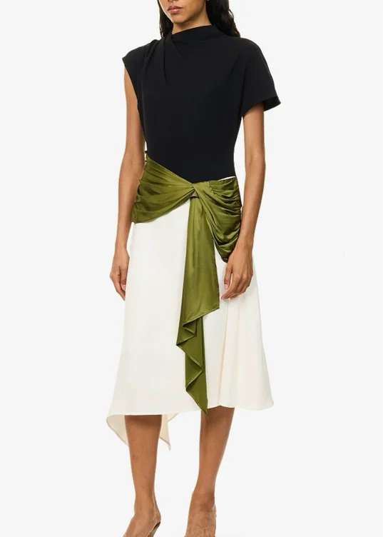 STAUD Davina Asymmetric Woven Midi Dress