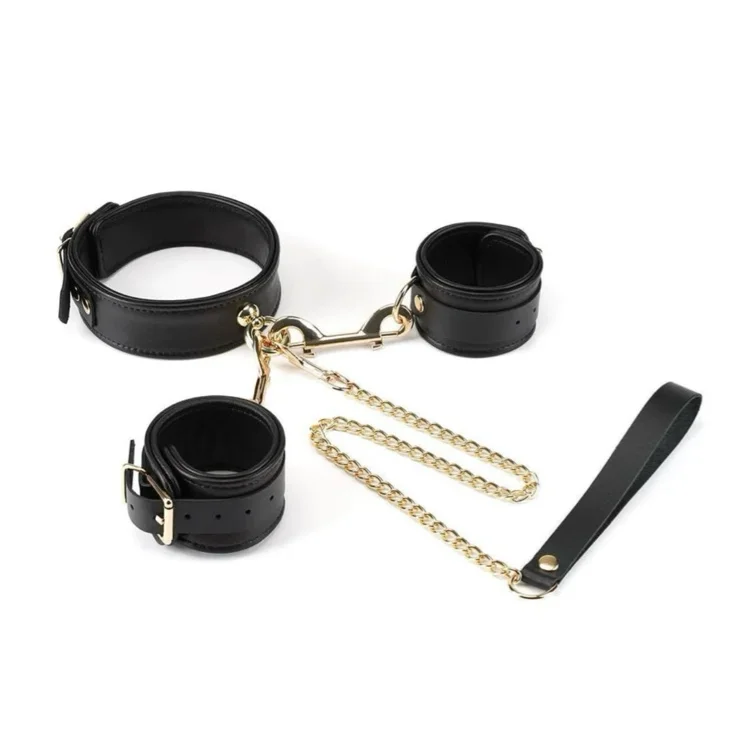 SHEEPSKIN LEATHER SET - COLLAR WITH LEASH HAND CUFFS 2 CLIPS AND CHAIN CLIP BDSM