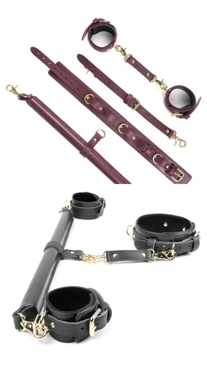 3 POINT LEATHER SPREADER BAR SET in BURGUNDY/ BLACK