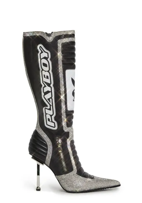 PLAYBOY Revved Up Ready Moto Boots - Rhinestone