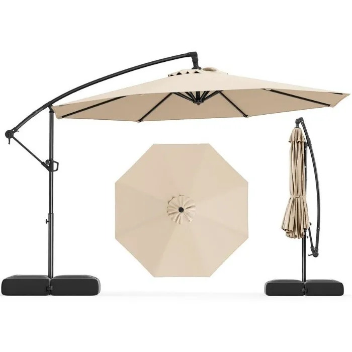 Costway 3m Outdoor Offset Umbrella Cantilever w/Base & 360° Tilt Patio Canopy Parasol for Garden Beach Deck Beige