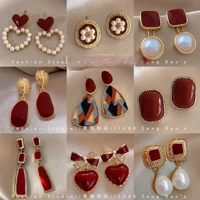 Earrings Set Woman 9 Pieces Ankela Wine Red Earrings Retro Harbor Style Ear Clips without Ear Holes for Women's High-end Pearl Earrings Accessories Women Girls Fahion Wear