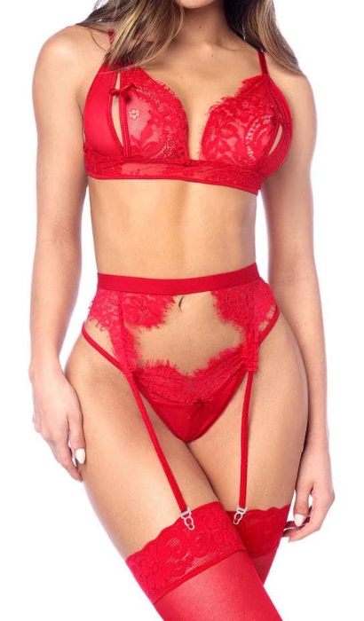 Red Lace Bra Thong & Garter Set
