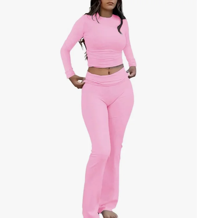 ZFLM Casual Workout Two Piece Outfits Long Sleeve High Waist Fold-over Flare Flared Leggings Pants Tracksuit Sets Streetwear - X-Small - Pink
