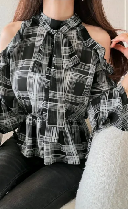 Plaid Collar Tie Open Shoulder Blouse