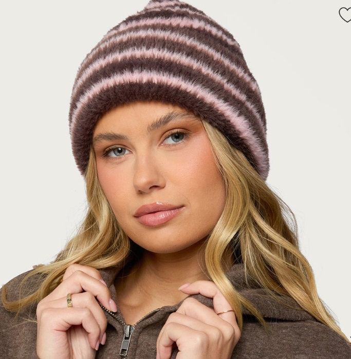 Striped Fuzzy Knit Beanie | BROWN-AND-PINK / OS
