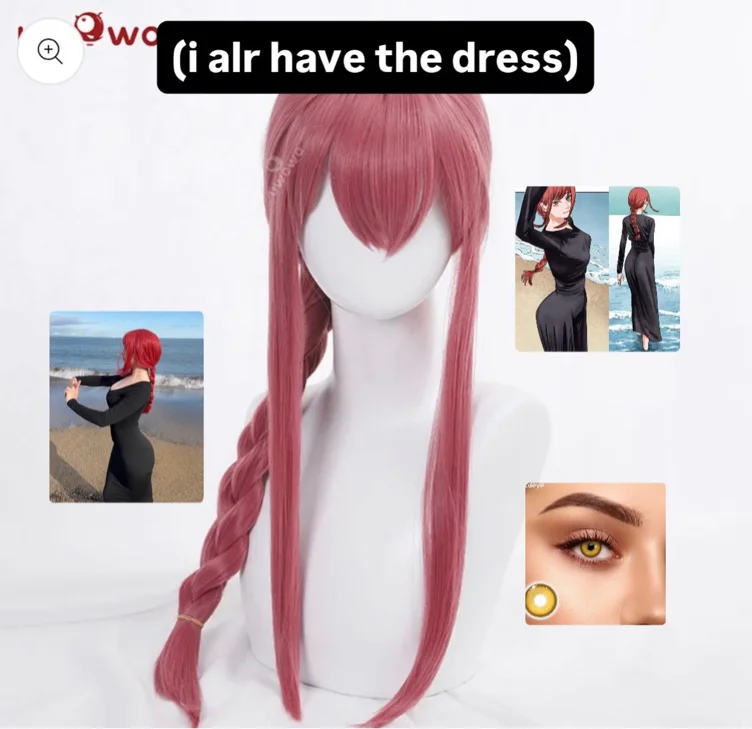 Uwowo Manga Wig Rose Red Hair Cosplay Wig Role Play Wig + Contacts