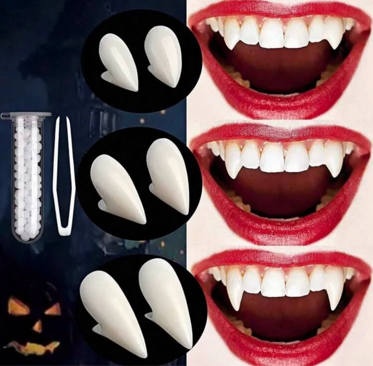 6pcs - Halloween Scary Vampire Fangs - 3 Sizes - 13cm/1.5cm/1.7cm - Includes Denture Adhesive - Creative Prank Fangs - Sharp Fangs - Vampire Fangs - Suitable For Costume Party/Cosplay/Masquerade - For Men, Women, Children And Seniors - Size Vampire Teeth/3 Pairs + Teeth Gel