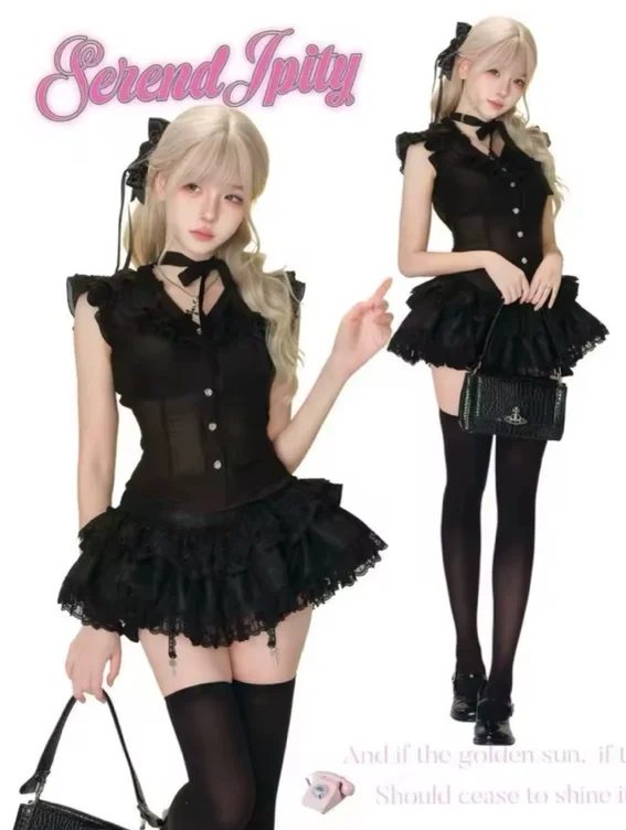 Black Gothic Vintage Elegant 2 Piece Sets Women Y2k Sexy Lolita Design Mini Skirt Suit Female Princess Chic Outfits Halloween