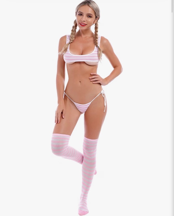 ABAFIP Women Cute Kawaii Anime Lingerie set Halter Strap Micro Bra Tiny Panty Garter Belt Striped Stockings 4Pcs Underwear - One Size - Pink - Wide Strap