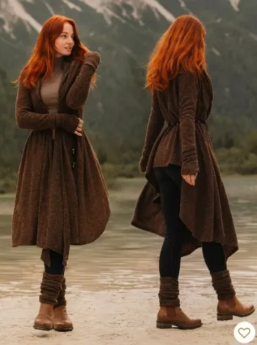 "Danaeriz" long sleeve hooded shawl cardigan, Brown