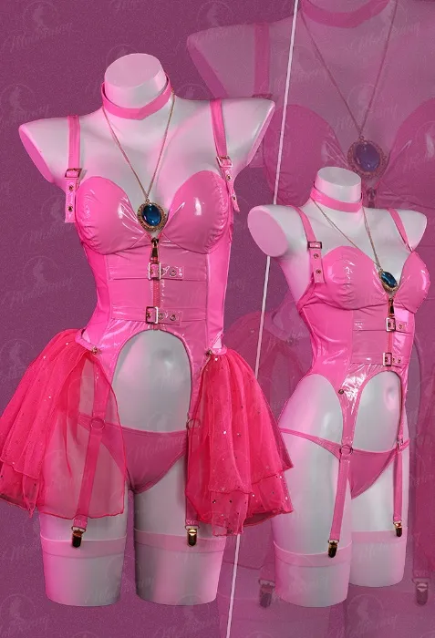 Women Peach Pink Princess Derivative Lingerie Set with Choker Gloves and Stockings