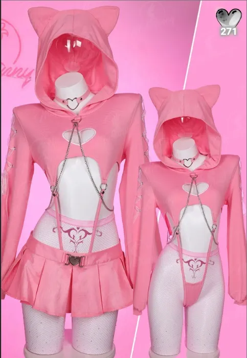 Valentine's Day Kawaii Cat Sexy Lingerie Set Pink Heart Cutout Hoodie and Skirt with Thong Pantyhose