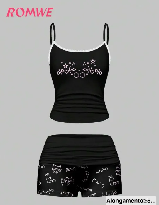 ROMWE Conjunto de Camiseta de Renda com Estampa de Emoticon Fofo e Kawaii