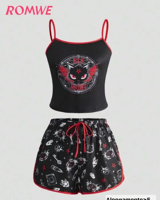 ROMWE Goth Conjunto de Pijama Feminino com Recorte em Contraste, Gato Demoníaco Gótico